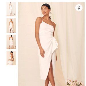 White One-Shoulder Ruffled Tulip Midi Dress